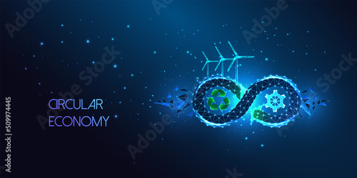 Concept of circular economy with infinity loop, wind turbines, recycle sign, gear on blue background