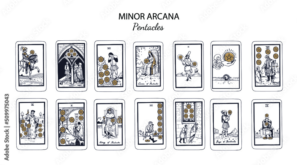 Tarot  Minor Arcana vector set Pentacles (part1) . Hand drawn illustration - obrazy, fototapety, plakaty 