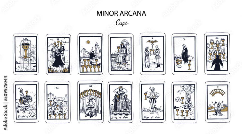 Tarot  Minor Arcana vector set Cups (part1) . Hand drawn illustration - obrazy, fototapety, plakaty 