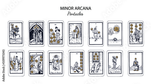 Tarot  Minor Arcana vector set Pentacles (part1) . Hand drawn illustration