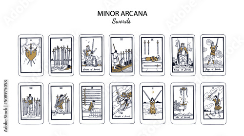 Tarot  Minor Arcana vector set Swords (part1) . Hand drawn illustration