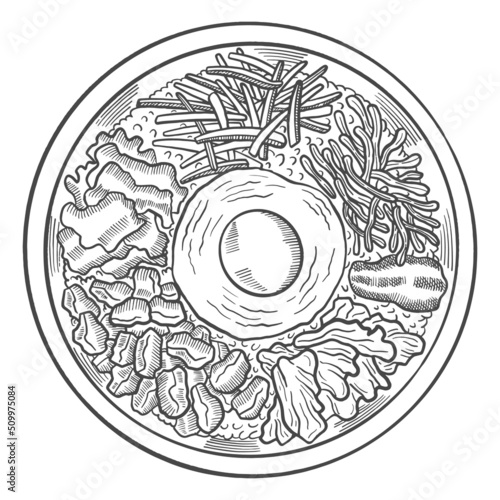 bibimbap korea or korean cuisine traditional food isolated doodle hand drawn sketch with outline style