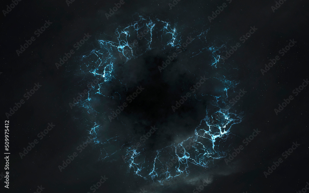 3D illustration of Huge black hole warps space around. 5K realistic science fiction art. Elements of image provided by Nasa