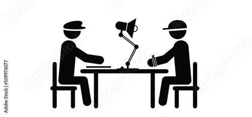 Cartoon stickman, stick figure police officer. Prisoner interrogation table, interrogating concert. Suspect criminal by detective in police office, under light of lamp