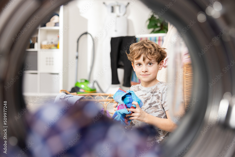 Shot from inside washing machine view of bathroom, laundry room. Little