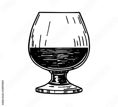 Brandy glass isolated on white background. Cognac in glass. Sketch glass drink draw by hand. Wine Glass sketch icon. Vector illustration isolated on white background.
