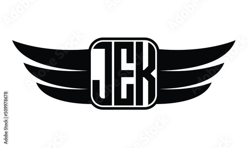 JEK three Letter Wings Flying Initial wing symbol minimalist creative concept flag icon professional logo design Vector template