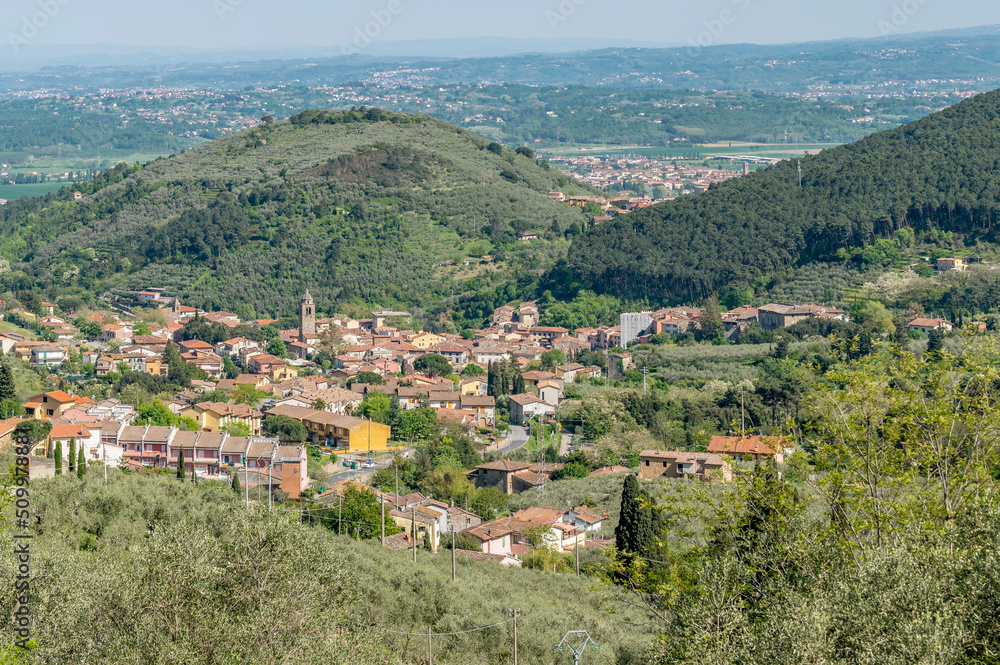 Panoramic aerial view of the ancient village of Buti, Pisa, Italy and surroundings