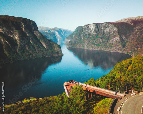 Aerial view of a lookout point over the fjord in Aurland, Norway. photo