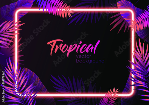 Dark orange and purple tropical party design with palm leaves and neon light. Stylish fashion banner. 