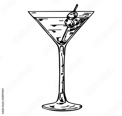 Martini glass with olives. Hand drawn alcohol cocktail. Hand drawn black color martini cocktail with olive. Vintage style. Vector illustration.
