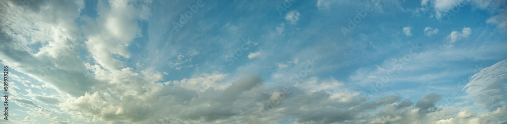 Air panorama of blue ozone sky with clouds, scene background