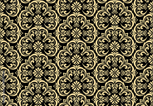Wallpaper in the style of Baroque. Seamless vector background. Gold and black floral ornament. Graphic pattern for fabric, wallpaper, packaging. Ornate Damask flower ornament