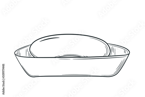 Hand drawn soap in a soap box. Hygiene item in doodle style. Isolated vector illustration.