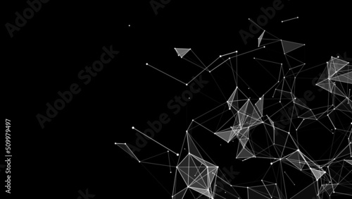 Network connection structure. Abstract black background with moving dots and lines. Futuristic illustration. Digital technology design. Vector illustration.