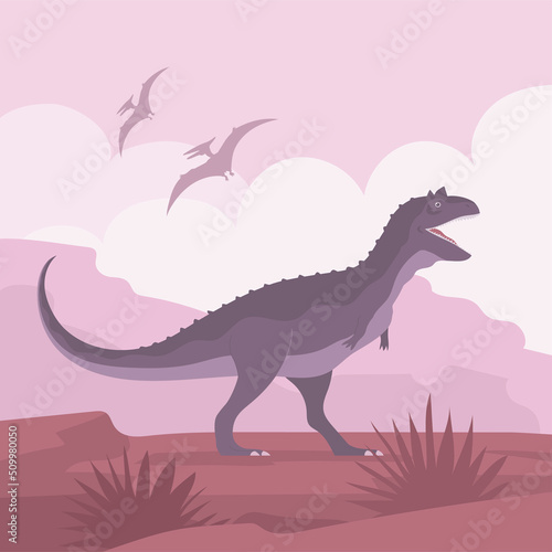 Ancient pangolin carnotaurus. Prehistoric animal with a horns on head. Carnivorous dinosaur of the Jurassic period. Science paleontology. Vector cartoon illustration. Wild landscape