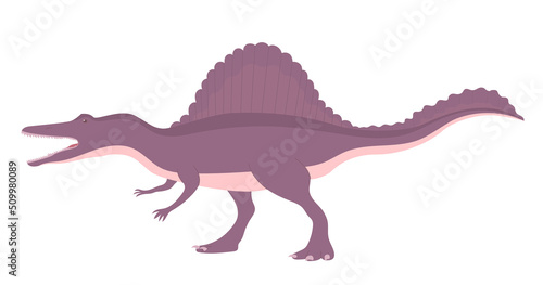 Spinosaurus predatory dinosaur hunter of the Jurassic period. Fin plate on the back. Prehistoric pangolin animal. Vector cartoon isolated illustration. White background © Mikhail Ognev