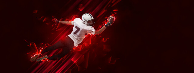 Bright poster with american football player in motion and action with ball isolated on dark background with polygonal and fluid neon elements. Art, creativity, sport