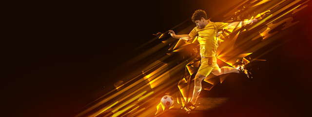 Flyer. Creative artwork with soccer, football player in motion and action with ball isolated on dark background with polygonal and fluid neon elements. Art, creativity, sport