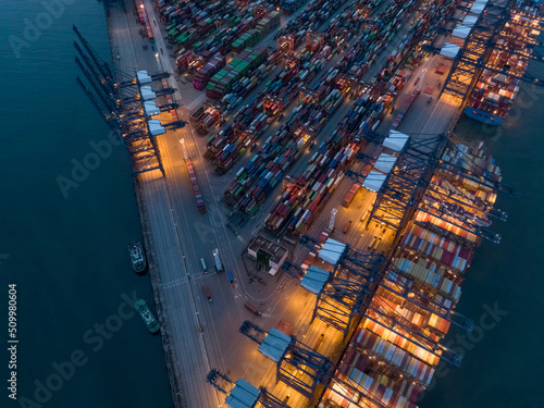 Aerial view of container terminal at night