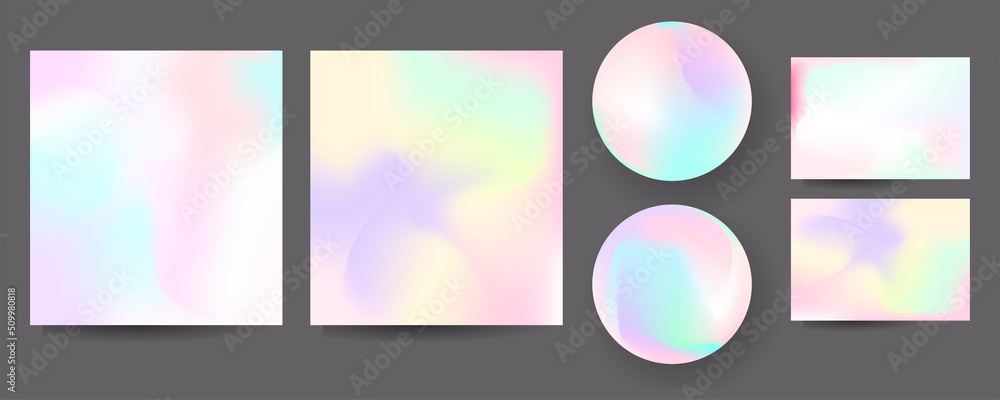 New modern set of Holographic posters cards. Graphic mesh, neon purple and pink 90s trendy effect. Vector abstract hologram cover collection