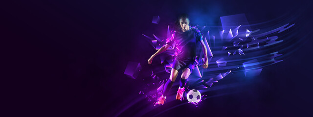 Flyer. Creative artwork with female soccer, football player in motion and action with ball isolated on dark background with polygonal and fluid neon elements.