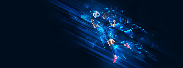 Poster with young woman, female soccer player playing football with ball isolated on blue background with polygonal and fluid neon elements. Sport concept