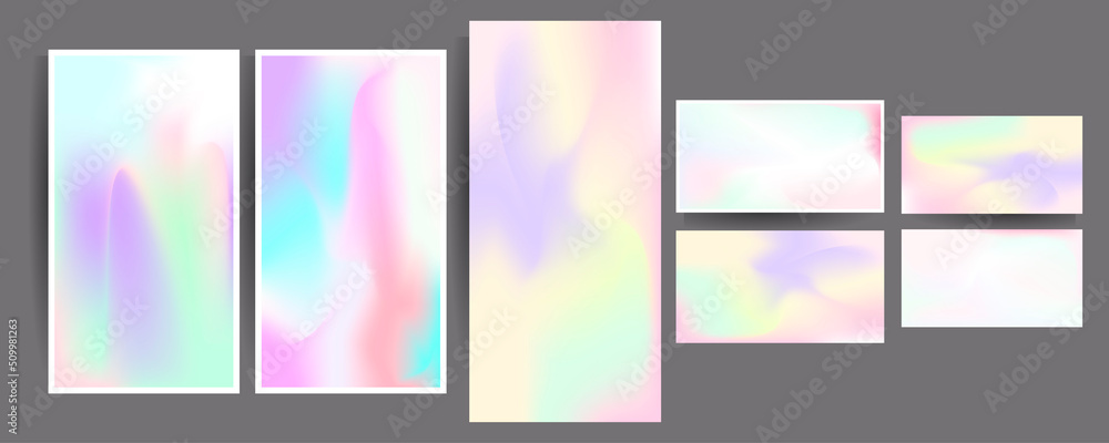 New modern set of Holographic posters cards. Graphic mesh, neon purple and pink 90s trendy effect. Vector abstract hologram cover collection