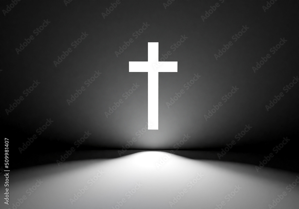 Obraz premium Christian crucifixion. Glowing cross in dark. Religious cross on dark wall. Catholic crucifix for prayer service. Symbol of Christian religion. Holy Cross for Catholics. 3d rendering.