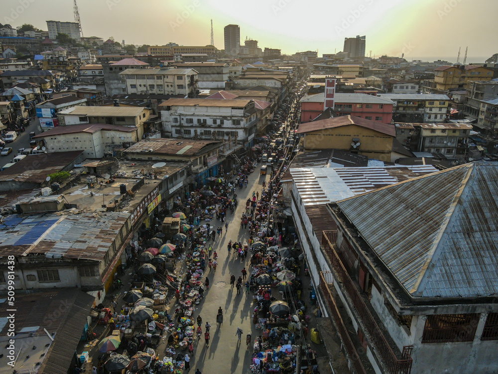 Freetown, Sierra Leone - 16 April 2022: Aerial view of people in the