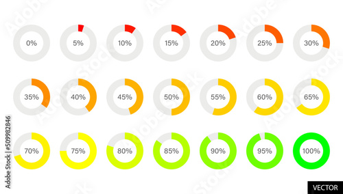 Colorful percentage pie chart icon set in flat style design for website, app, UI, isolated on white background. Vector illustration.