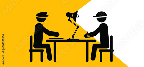 Cartoon stickman, stick figure police officer. Prisoner interrogation table, interrogating concert. Suspect criminal by detective in police office, under light of lamp