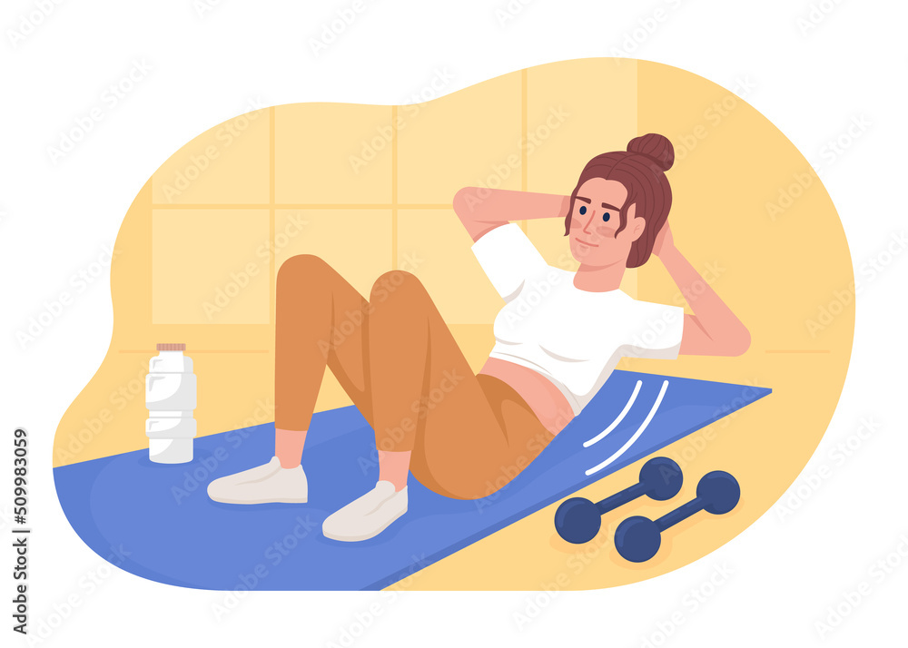 Obraz premium Ab exercises with dumbbells 2D vector isolated illustration. Young woman training abdominal muscles flat character on cartoon background. Colourful editable scene for mobile, website, presentation