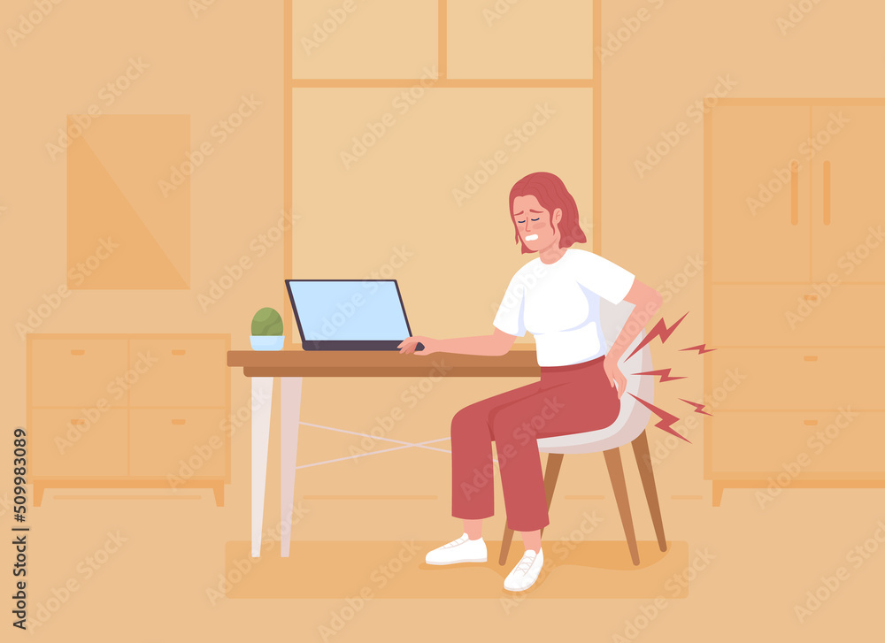 Lower back pain while seated flat color vector illustration. Woman