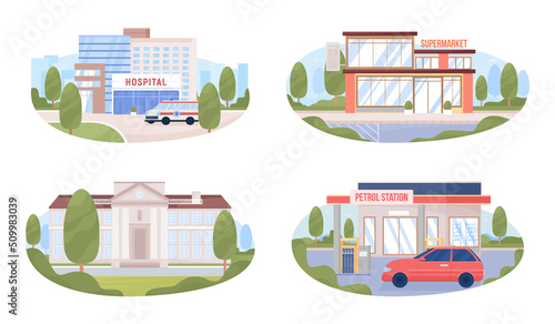 Town infrastructure 2D vector isolated illustrations set. Flat cityscapes on cartoon background. Colourful editable scene for mobile, website, presentation collection. Akrobat, Bebas Neue fonts used