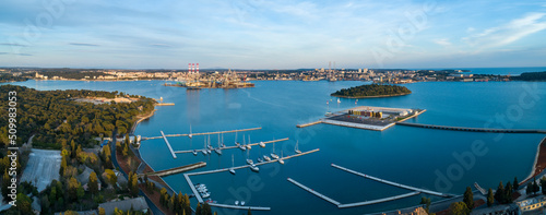 Aerial view of Pula harbour and Pulska Luka Bay, Istria, Croatia. photo