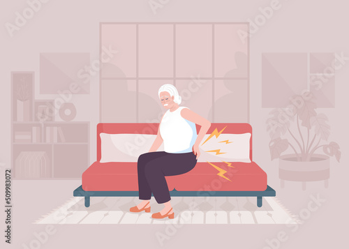 Age related osteoarthritis flat color vector illustration. Elderly woman suffering from lower back pain. Health condition. Fully editable 2D simple cartoon character with cozy interior on background