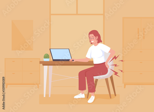Lower back pain while seated flat color vector illustration. Woman suffering from backache after sitting all day. Fully editable 2D simple cartoon character with cozy office interior on background
