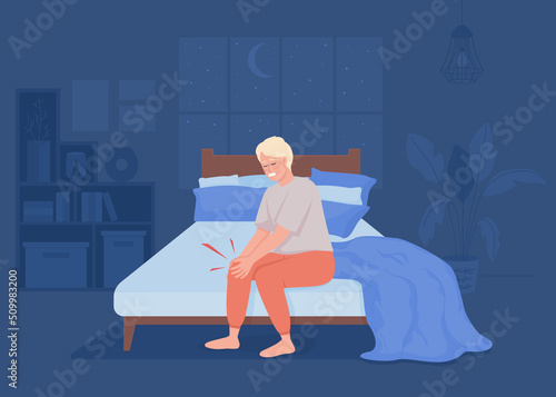 Knee pain at night flat color vector illustration. Sleep deprivation. Painful inflammation in leg. Kneecap ache. Fully editable 2D simple cartoon character with cozy bedroom interior on background