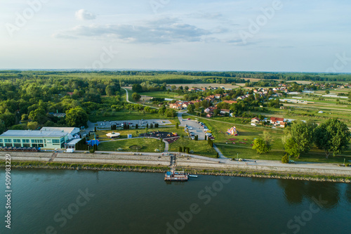 Aerial view of a passenger ferry boat along Drava river in Osijek, Croatia. photo