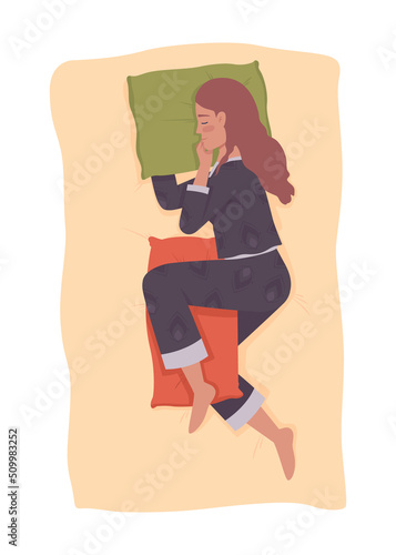 Sleeping with pillow between legs 2D vector isolated illustration. Female side sleeper resting flat character on cartoon background. Colourful editable scene for mobile, website, presentation