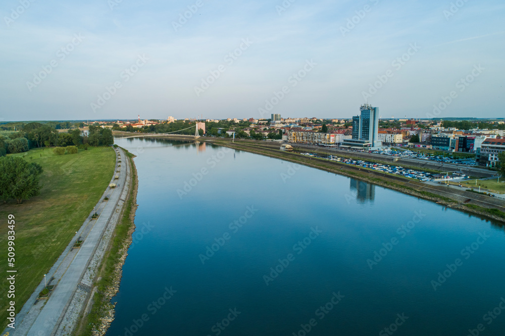 Aerial view of Drava river in Osijek at sunset, Croatia. Aerial view of Drava river in Osijek at sunset, Croatia.
