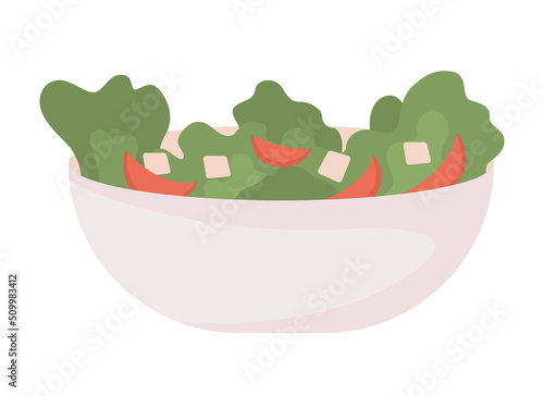Bowl with green veggies and cheese semi flat color vector object. Greek salad. Editable element. Full sized item on white. Simple cartoon style illustration for web graphic design and animation