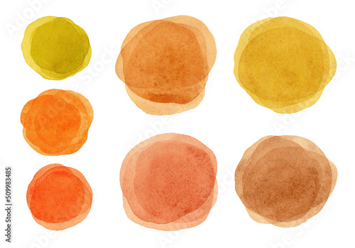 Collection of watercolor circles in warm natural colors. Shapes with a multi-layered transparent effect. Watercolor paper texture. Abstract patterns for design.