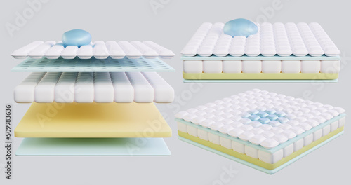 3d illustration of absorption composition, inside, frame of blue drops, liquid, gel in white fabric, membrane, mesh, pores, foam layer, cotton wool, fiber, cotton, bamboo, pvc, absorbent layer, photo
