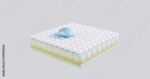 3d illustration stylized square absorption of blue drops, liquid, gel into white fabric, membrane, mesh, pores, foam layer, cotton wool, fiber, cotton, bamboo, pvc, absorbent layer,