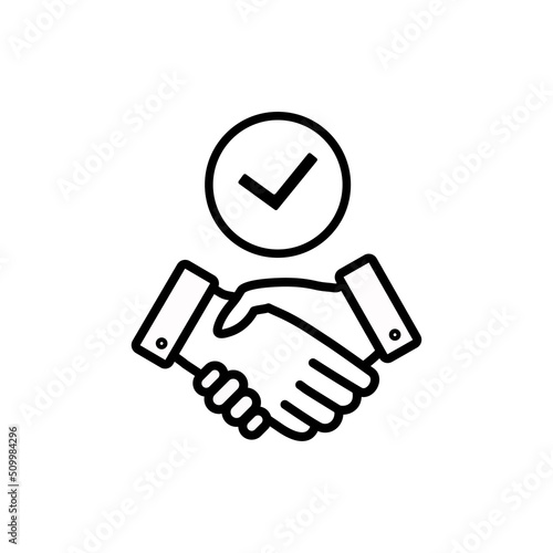 Commitment isolated vector outline icon. Handshake with tick modern sign design.