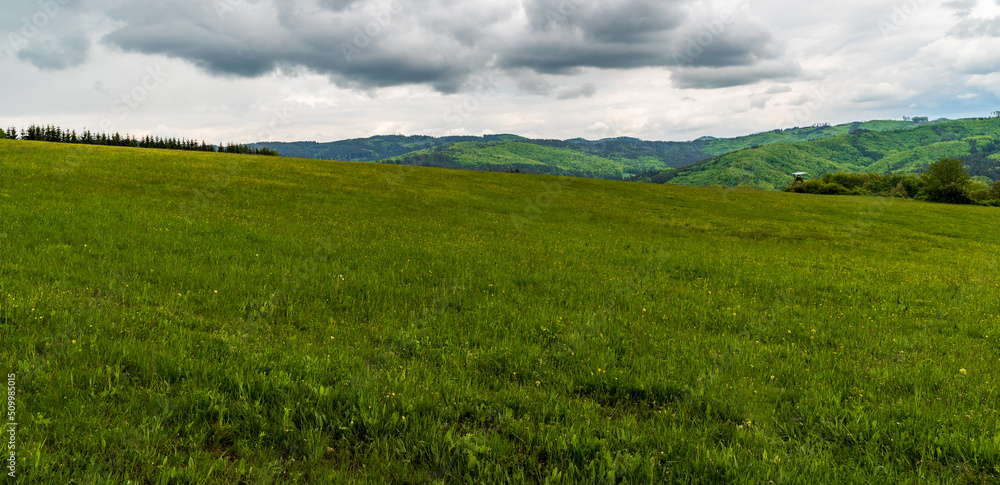 Fototapeta premium Springtime Bile Karpaty mountains with mix of meadows and forest covered hills