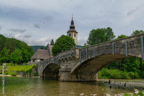 Bohinj Lake, Church of St John the Baptist with bridge. Triglav National Park, Julian Alps, Slovenia. © Karl Allen Lugmayer
