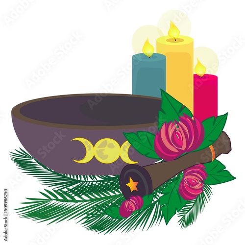 Magic objects for rituals,  witch mortar and pestle. Esoteric and neo-pagan rituals, Witchcraft. Wicca, triple goddess symbol. Herbal treatment. Colorful candles in thebackground. Vector illustration.